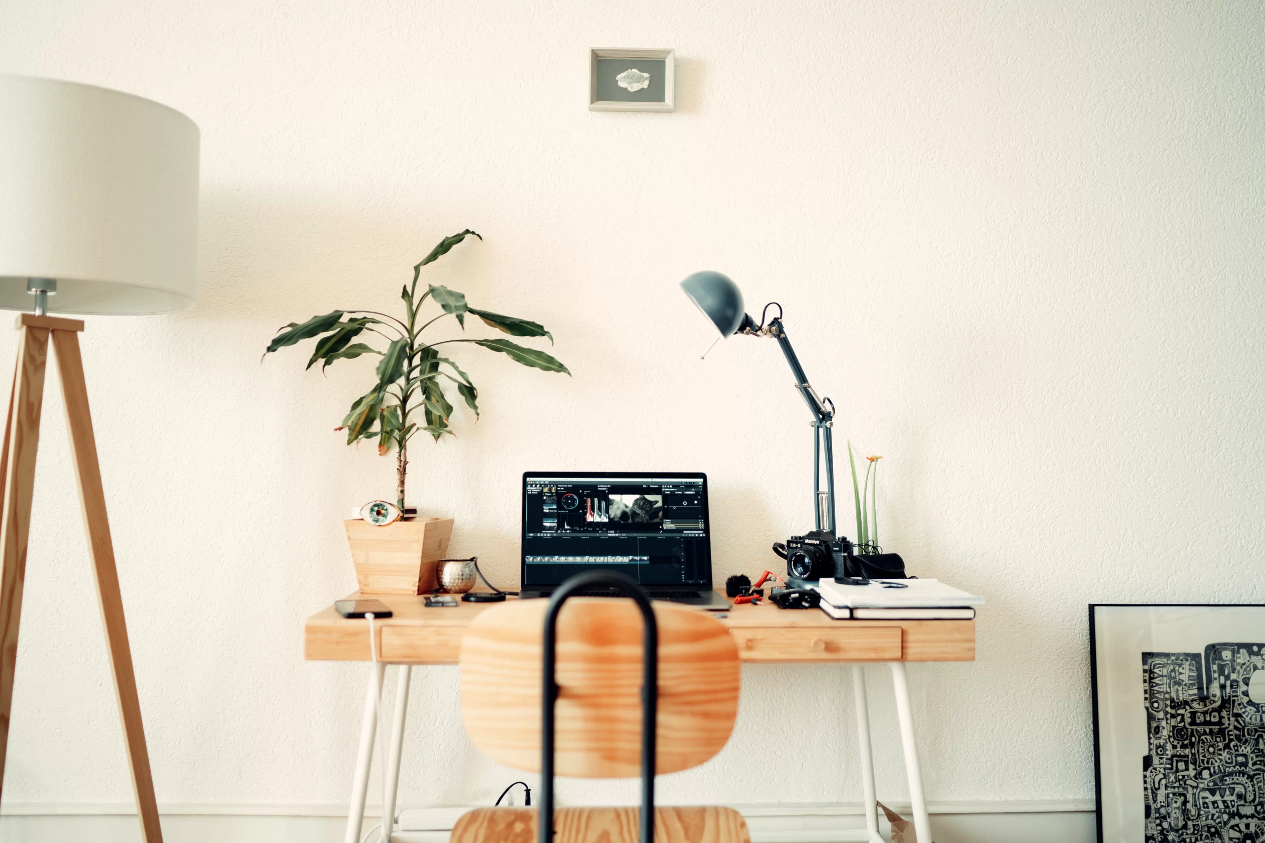 Bureau de travail avec ordinateur ouvert sur un logiciel de montage vidéo, lampe, appareil photo et plante.